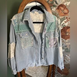 Anthropology POL Patchwork Denim Lace Boho Shacket Size S